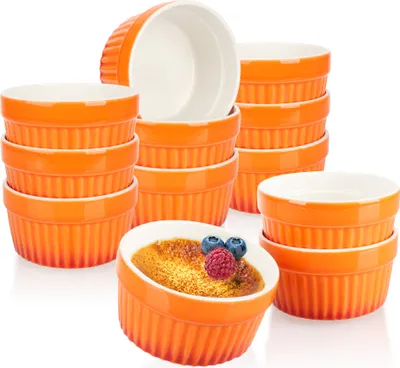 Produktbild von Unyqoos® Keramik Crème-brûlée- & Ragoutfin-Schälchen, 12er-Set, ofenfest, orange, Ø 9 x 4,7 cm, 185 ml pro Stück, mikrowellen- & spülmaschinenfest