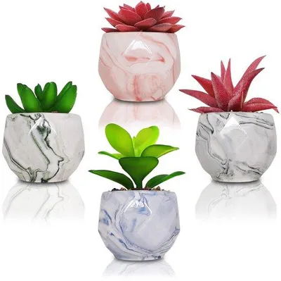 Zdjęcie produktu dla Sztuczne sukulenty w doniczkach z marmurowym wzorem, 4 sztuki małych sztucznych roślin w kolorowych ceramicznych doniczkach do biura, sypialni i łazienki.
