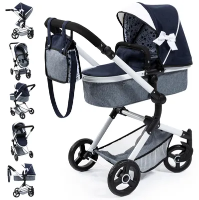 Produktbild von Bayer Design Kombi-Puppenwagen Neo Vario 18481AB mit Tasche, wandelbar als Jogger, verstellbarer Griff, blau, weiß mit Schleife