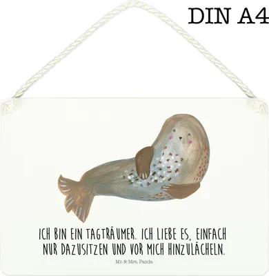 Produktbild von Mr. & Mrs. Panda Deko Wandbild Robbe Lachen DIN A4 - Weiß - Geschenk, Seehund, Holz, Strand, Ostsee, Robben, Schild, Türschild, kleine aufmerksamkeit, Nordsee, Holzschild