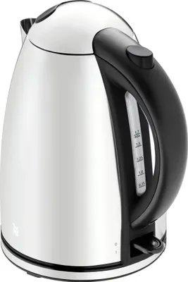 A studio shot of a stainless steel electric kettle with a black handle.