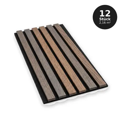 Produktbild von Wandpaneele 30x60 cm - Set 12 Stück (2,16 m²) - MDF-Lamellen - Filzunterlage - Deko-Elemente - EICHE DARK SLIM