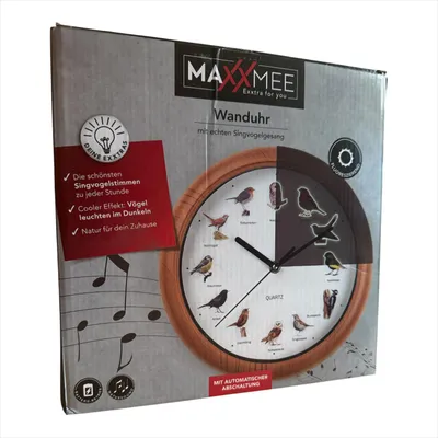 Immagine prodotto di Orologio da parete MAXXMEE 2 voci di uccelli canterini e motivi di uccelli realistici Spegnimento automatico ore 21-5 Fluorescente: gli uccelli si illuminano al buio 25cm