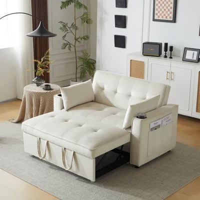 Produktbild von Merax 3-in-1 klappbar Schlafsofa mit Bettfunktion, Bettsofa mit 2 Kissen, Loungesessel mit Schlaffunktion, Ausklappsofa mit viel Stauraum, Beige