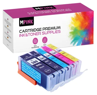 A box of ink cartridges and the ink cartridges themselves are displayed.