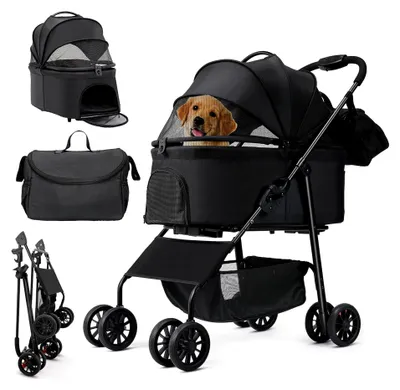 Produktbild von Hundebuggy 3 in 1 bis 30 kg, klappbare Hundebox Transporttasche, tragbares Haustiernest mit Umhängetasche, 360° Räder, großzügiger Korb für kleine und mittlere Hunde und Katzen, Oxford-Stoff, Schwarz