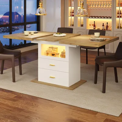 Produktbild von Flieks Ausziehbarer Esstisch mit LED-Beleuchtung für Esszimmer, Küchen, 6 Personen Tisch, Esszimmertisch 110-140x80x75cm, Naturalholz+Weiß