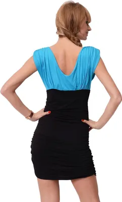 Immagine prodotto di Abito donna con scollo a V e arricciature; turchese-nero S/M 36/38
