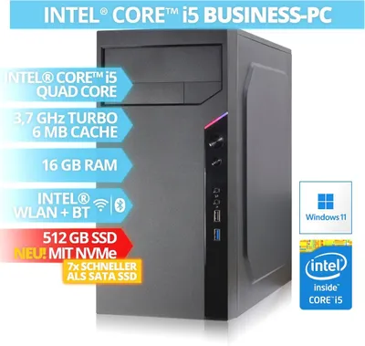 Produktbild von BRAINZAP Intel Core i5 Quad-Core Office / Business PC, 16 GB RAM, 512 GB NVMe SSD, WLAN, BT Bluetooth Windows 11