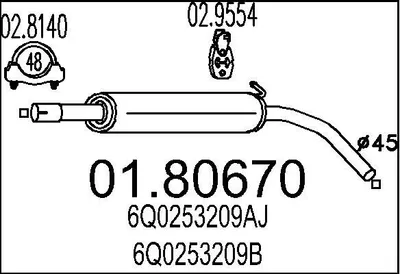 Produktbild von MTS 01.80670 Mittelschalldämpfer Schalldämpfer für VW POLO (9N) für SKODA Fabia II Schrägheck (542) Fabia II Combi (545) für SEAT Ibiza III Schrägheck