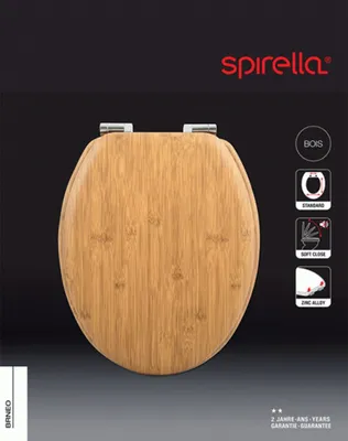 Zdjęcie produktu dla Pokrywa WC Spirella MDF z mechanizmem cichego domykania Bambus z wykończeniem na wysoki połysk i szybkozamykającymi się zawiasami ze stali nierdzewnej