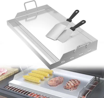 Image de UISEBRT Plaque de cuisson plancha en acier inoxydable 51x32cm avec poignées - 2mm d'épaisseur, résistant à la chaleur & inoxydable - Pour grillades au gaz et au charbon de bois, spatule & grattoir inclus, idéal pour la viande, le poisson & les légumes