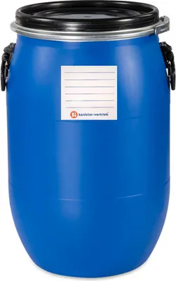 Produktbild von kanister-vertrieb® 60 Liter Deckelfass, Kunststofffass, Futtertonne, Fass, Weithalsfass Farbe blau inkl. Etikett (60 D)