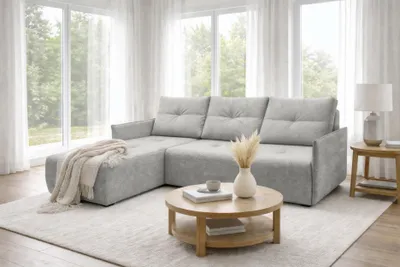 Produktbild von AX LIVING Ecksofa Damascus Hellgrau mit Schlaffunktion Bettkasten Schlafsofa 212 cm links