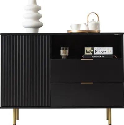 Produktbild von MIRJAN24 Kombikommode Nubia K1D2SZ mit zwei Drehtüren und zwei Schubladen, Metallfüße, 107x41x80 cm (Farbe: Schwarz)