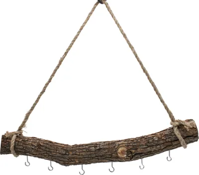 Obrázek produktu pro Masivní dřevěná větev k zavěšení se 6 háčky k dekoraci - 56 cm - Věšák na zeď z masivního dřeva s přírodní šňůrou