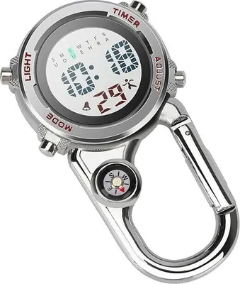 A digital watch with a carabiner clip and a compass.