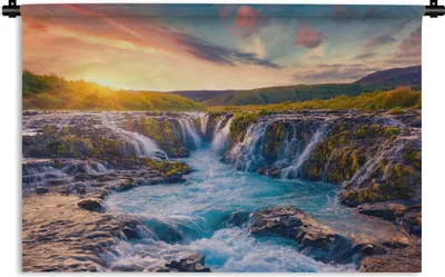 Produktbild von MuchoWow® Wandteppich Wandbehang Wasserfall - Pflanzen - Moos - Landschaft - Sonnenuntergang - Fels 90x60 cm Tapisserie Dekoration Wandtuch - Wandskulpturen - Bildteppich
