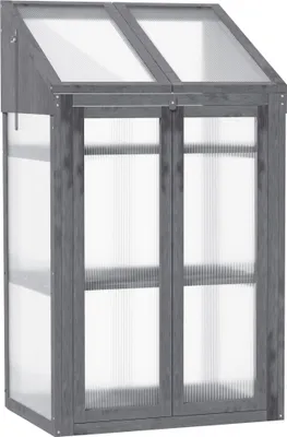 Image de Outsunny Serre précoce en bois, Mini serre 70 x 50 x 120 cm, Serre avec couverture, fenêtre, double porte, avec 3 étagères, Gris