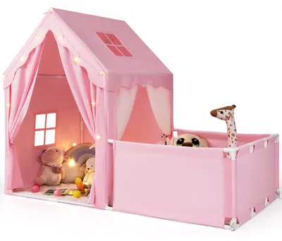Productafbeelding van COSTWAY 2-in-1 kindertent met looprek, binnenspeelhuis met mat en lichtketting, grote kindertent, speelruimte, 177 x 97 x 136 cm
