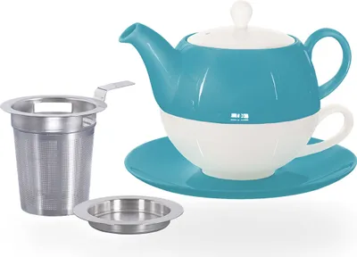 Produktbild von Buchensee Tea for one Set / Teeset Lena, Teekanne 500ml mit Sieb, Teetasse, Untertasse und Abtropfschale, türkis, Crystal Bone China Porzellan