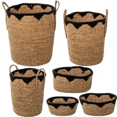 Produktbild von Set mit 6 Körben aus Seegras und natürlicher Baumwolle, schwarz, Ø 40 x 47 + Ø 3