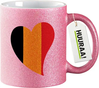 Produktbild von Huuraa Glitzertasse Belgien Flagge Herz 330ml Pink Keramik Kaffeebecher Geschenkidee