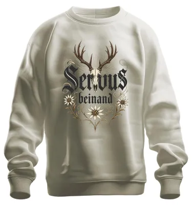 Immagine prodotto di Servus, immagine di corna di cervo, edelweiss, Baviera, pantaloni di pelle, felpa da caccia, maglione, natura, taglia S