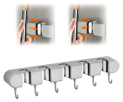 Produktbild von Wandhalterung für Besen, Selbstklebender Gerätehalter mit 5 Haltern und 6 Haken, Besenhalterung ohne Bohren, Organizer für Gartengeräte für Zuhause, Küche, Garage, Garten, Grau