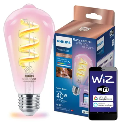 Zdjęcie produktu dla Philips Przezroczysta żarówka LED z widocznym spiralnym żarnikiem 40 W ST64 E27, Wi-Fi/Bluetooth, Wi-Fi 4 (802.11n), 802.11b, 802.11g, LED, E27, ST64, Wielo