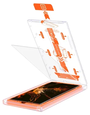 An illustration showing how to install a screen protector on a smartphone using a template and alignment tool.