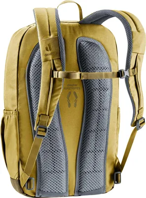 The back view of a khaki backpack with gray mesh padding and straps.
