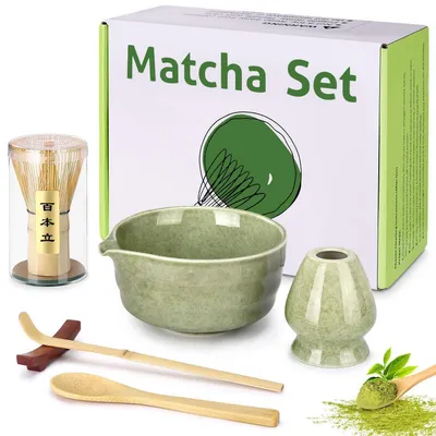 Obrázok produktu pre Sada na prípravu matcha, 6-dielna: keramická miska, bambusová metlička, držiak na metličku, odmerová lyžička, zelená