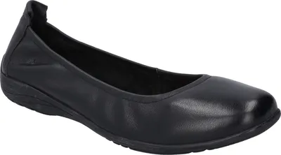 A single black leather ballet flat shoe is shown from a side-diagonal angle against a white background.