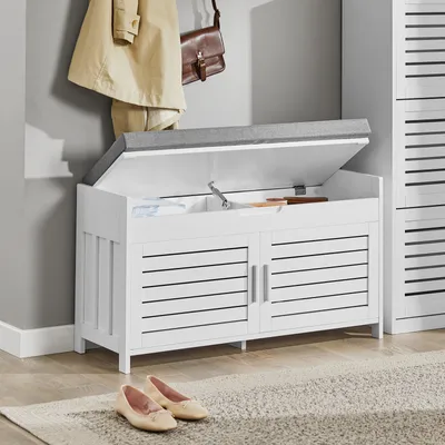 Produktbild von SoBuy Sitzbank Schuhbank weiß 90x50x33cm FSR102-W, aus MDF(E1), mit 2 3-fach höhenverstellbaren Einlegeböden, bis 100kg