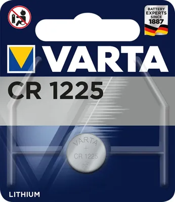 The image shows the packaging of a Varta CR1225 lithium coin cell battery.