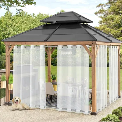 Produktbild von Outdoor Vorhang Wetterfest Weiß Transparent Voile mit Ösen Oben und Unten Gardinen für Balkon Terrasse Pavillon, B132xH243cm