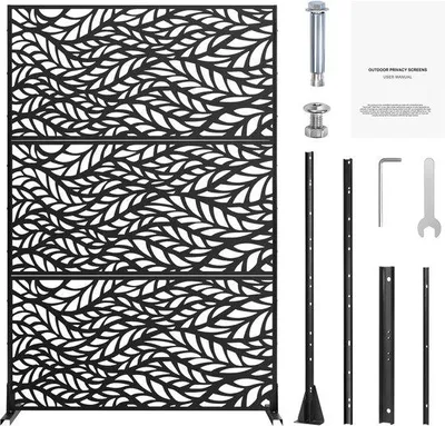 Productafbeelding van Metalen privacy-scherm voor buiten, 119,4 cm breed x 183,9 cm hoog, stalen scheidingswand voor buiten met voetstuk, decoratieve, 3-delige stalen privacy-omheining, zwart