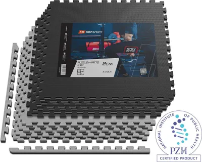 Produktbild von Hop-Sport Puzzlematte 8er Set - Extra Dicke Unterlegmatte für Fitnessgeräte als Rutschfester Bodenschutz - Größe 60 x 60 x 2 cm - Schwarz/Grau