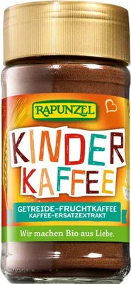 A glass jar of Kinderkaffee instant drink mix with colorful branding.