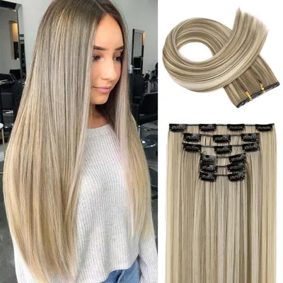 Image de Extension de cheveux à clipser, lot de 6, longueur 61 cm, lisses, couleur brun cendré avec mèches blondes, matière synthétique