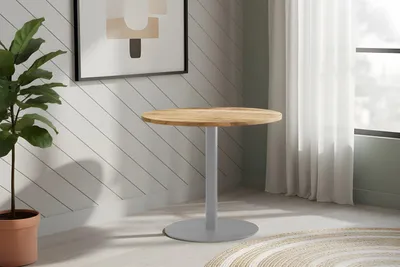 Produktbild von Bistrotisch rund 90 x 90 cm Mangoholz massiv Säulengestell-rund silber EMILIO