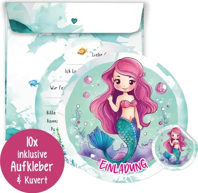 Produktbild von Magische Einladungskarten Meerjungfrau | Einladungskarten Geburtstag 15 cm runde Mädchen Partyeinladungen | 10er Set mit Umschlägen & Stickern | Einladungskarten Kindergeburtstag
