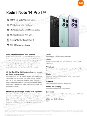 A marketing image showing three Xiaomi Redmi Note 14 Pro 5G phones in different colors, with feature descriptions on the left.