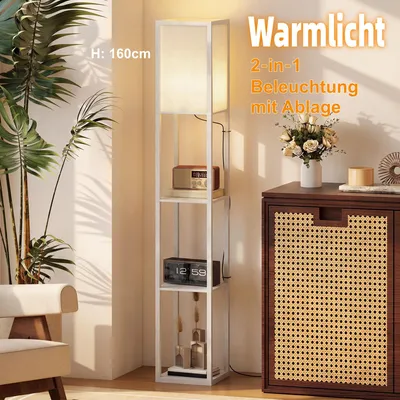 Produktbild von Moderne Regal Stehleuchte Holz Weiß mit 3 Ablagen – 160 cm Eckleuchte Standleuchte mit Fußschalter & Acrylschirm für Wohnzimmer & Schlafzimmer, Platzs