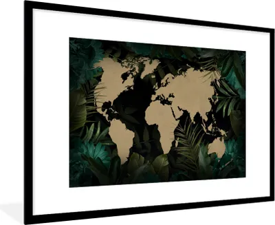 Produktbild von MuchoWow® MuchoWow® Gerahmtes Poster Weltkarte - Schwarz - Pflanzen 90x60 cm - Poster mit zchwarzem Bilderrahmen - Wanddekoration - Fotos
