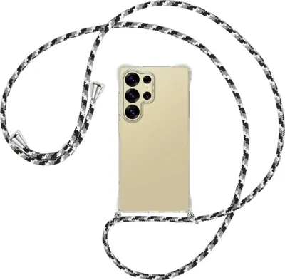Produktbild von Handykette Backcover-Schutzhülle mit Band (Metall silberfarben) für Samsung S25 Ultra - schwarz/grau/weiß