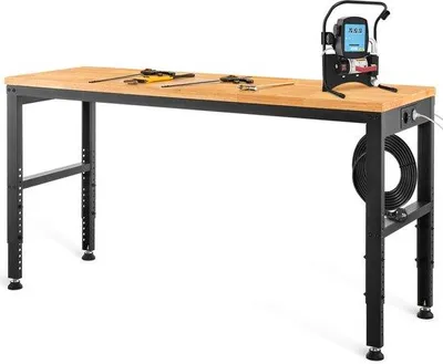 Produktbild von Verstellbare Werkbank, Garagetafel 183 x 64 cm, Höhe 72 - 97 cm, Tragfähigkeit 900 kg, Steckdosen, Holzblatt, Metallrahmen, Füßeisen, Büro-Arbeitstisch für den Heim-Werkplatz