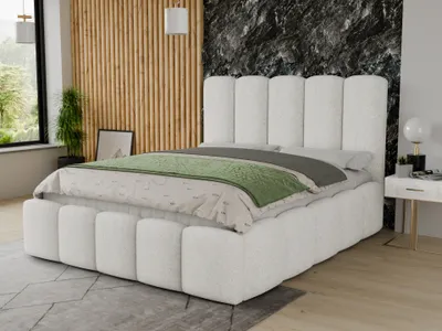 Produktbild von Polsterbett Aura - Bettkasten mit Gasdruckfedern - Doppelbett mit Lattenrost, Bett mit Polsterkopfteil, Bettgestell, Schlafzimmer, Bouclé-Stoff (140 x 200 cm, Weiß (Coral 70))