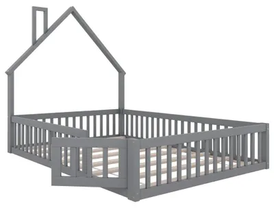Zdjęcie produktu dla Łóżko dziecięce w kształcie domku, lite drewno sosnowe, wymaga montażu, szare – 140 x 190 cm